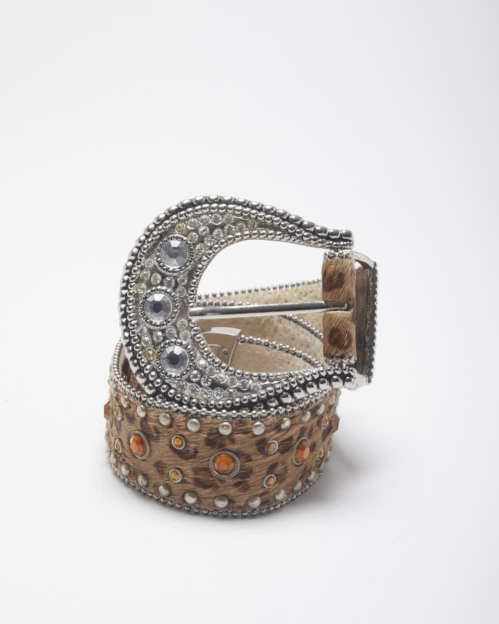 Y2k 00s Leather Rhinestone Leopard Print Belt - W26-W30