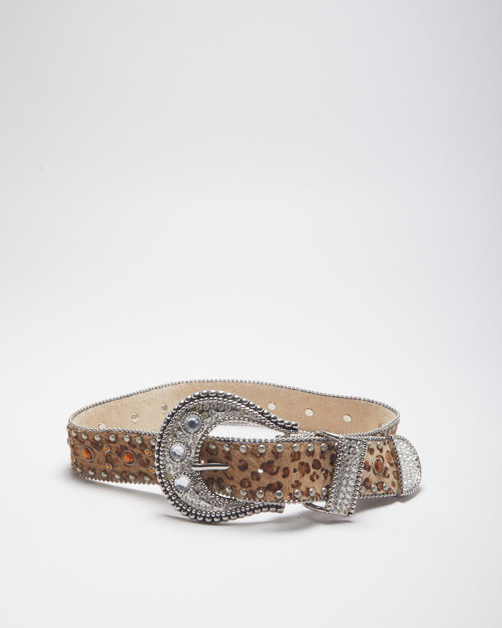 Y2k 00s Leather Rhinestone Leopard Print Belt - W26-W30
