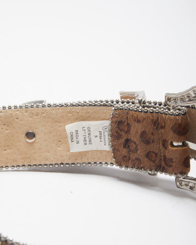 Y2k 00s Leather Rhinestone Leopard Print Belt - W26-W30