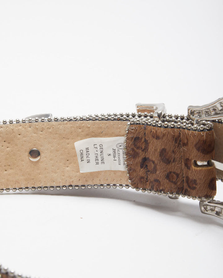 Y2k 00s Leather Rhinestone Leopard Print Belt - W26-W30