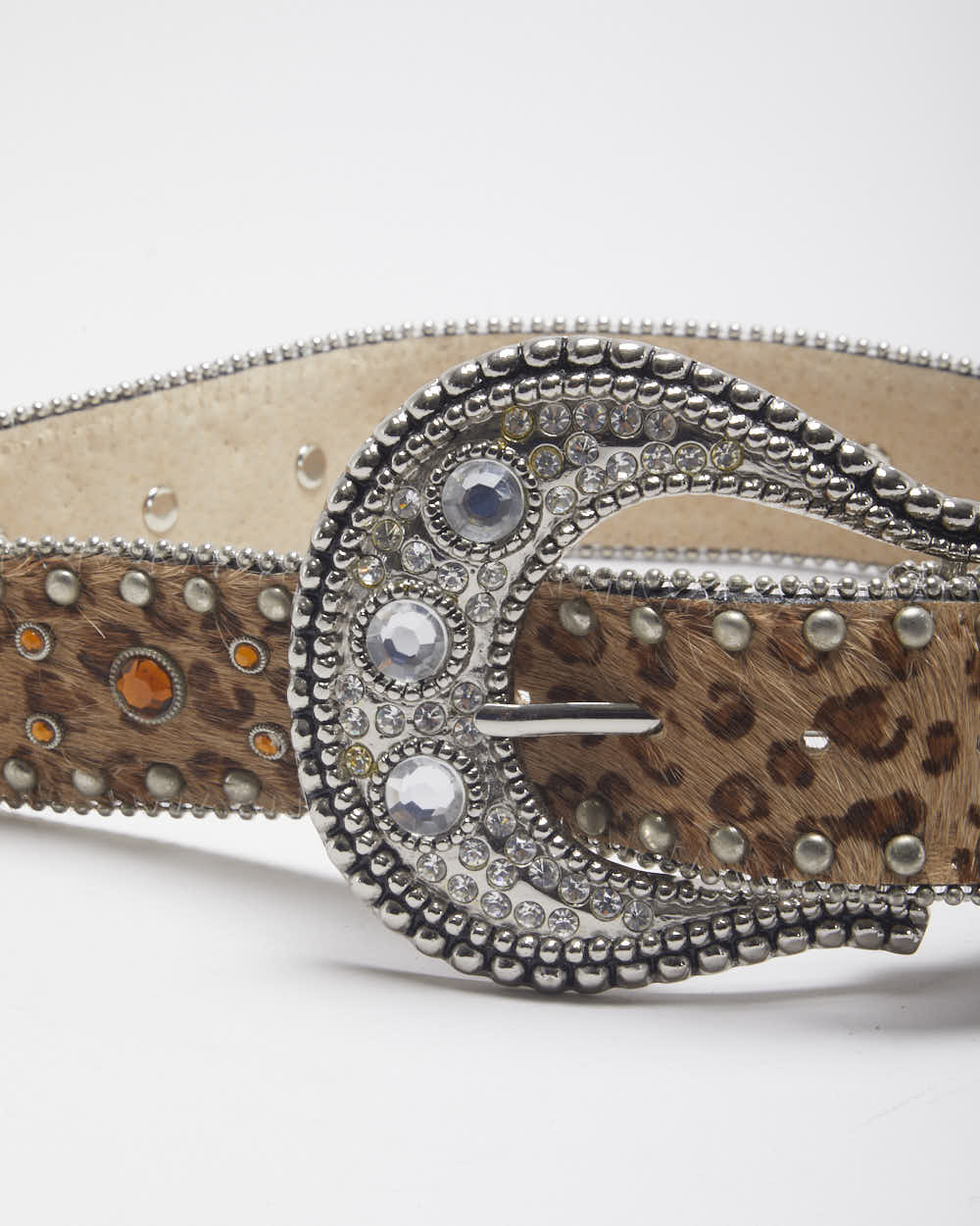 Y2k 00s Leather Rhinestone Leopard Print Belt - W26-W30