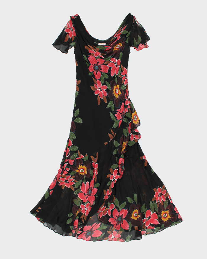 Vintage 1990s Bellessa Cowl Neck Beaded Ruffle Hem Dress - M