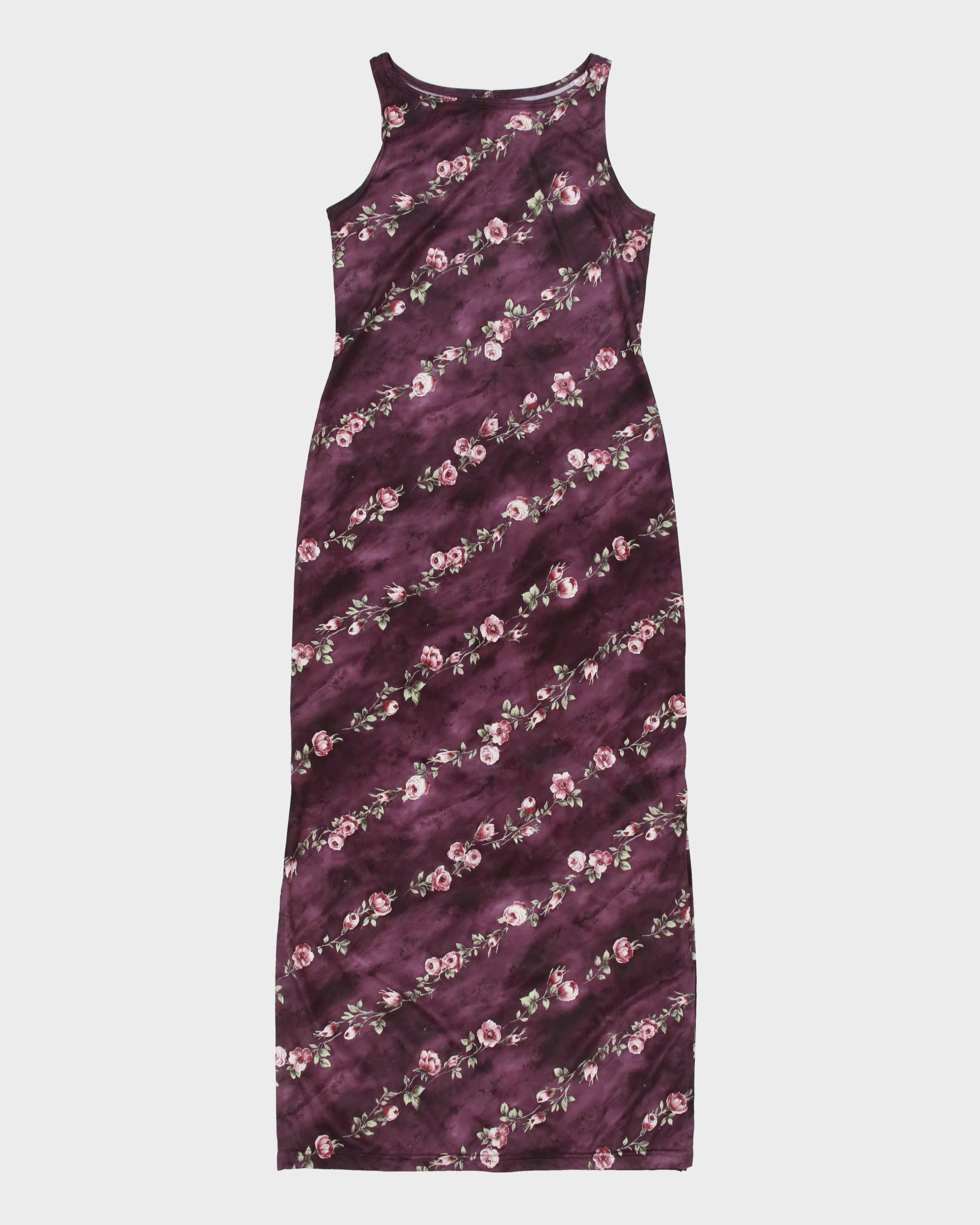 Vintage 1990s Emblem Boat Neck Double Side Split Floral Dress - S