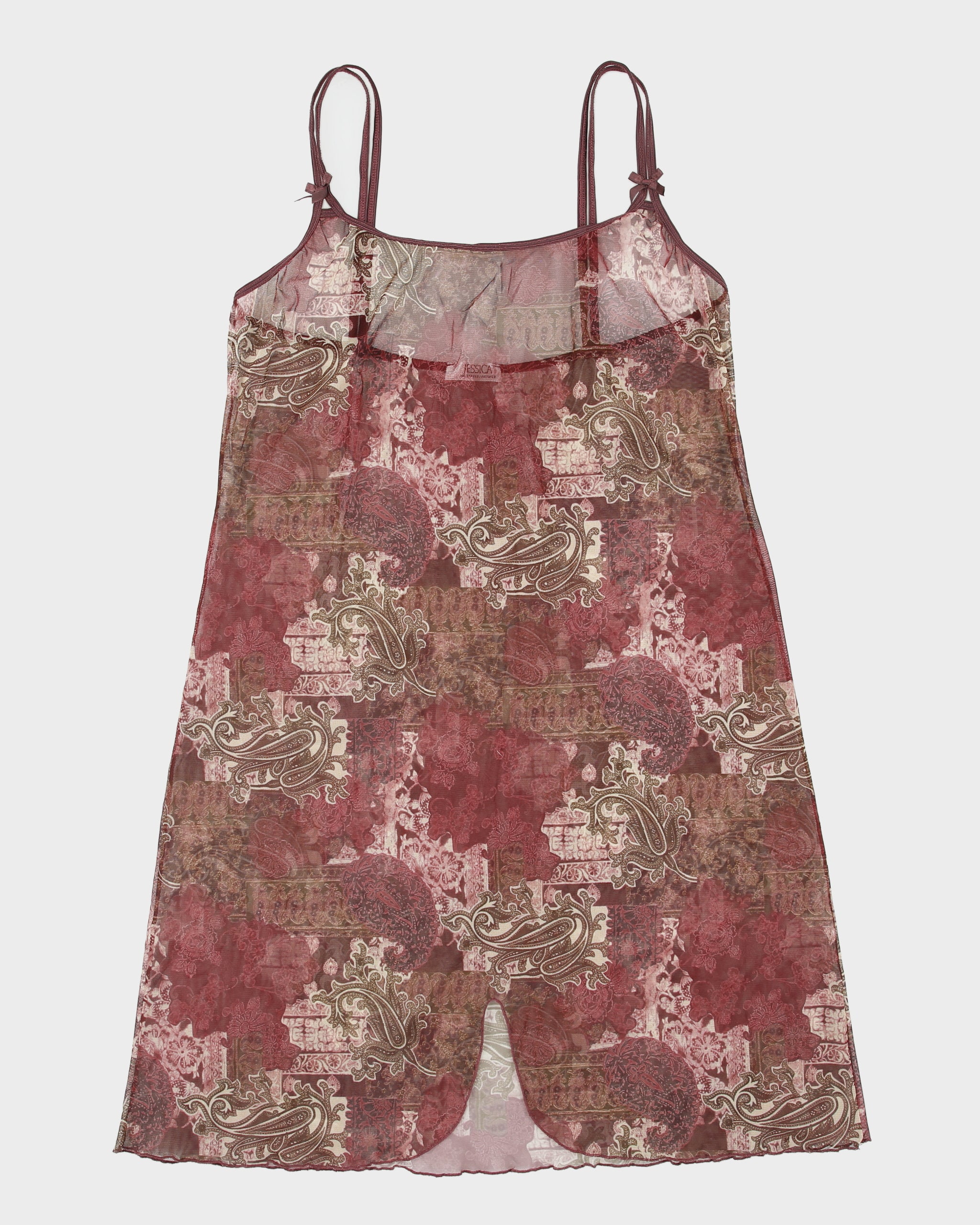 Vintage Y2K 00s Jessica Paisley Pattern Lettuce Hem Front Split Mesh Slip Dress - M