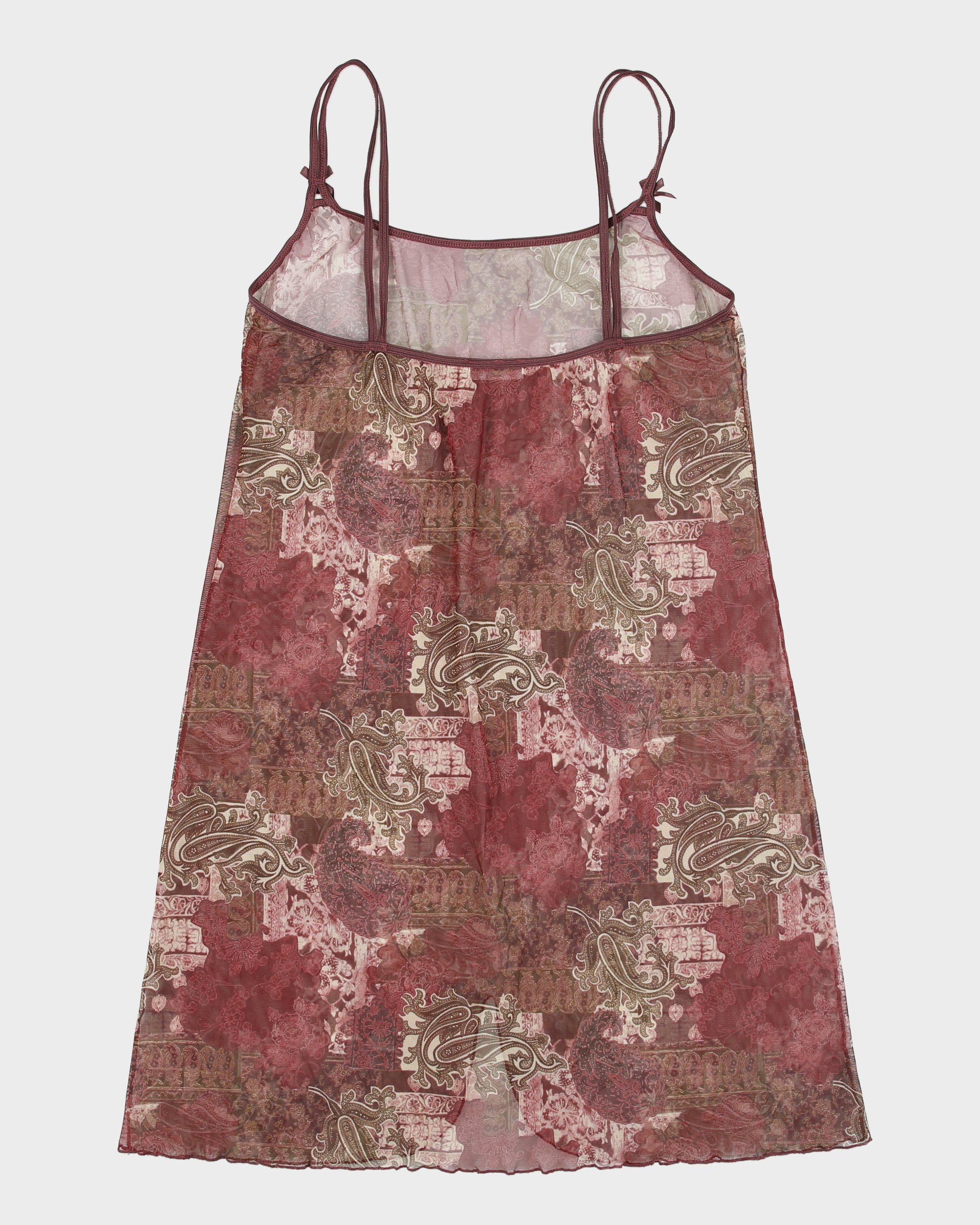 Vintage Y2K 00s Jessica Paisley Pattern Lettuce Hem Front Split Mesh Slip Dress - M