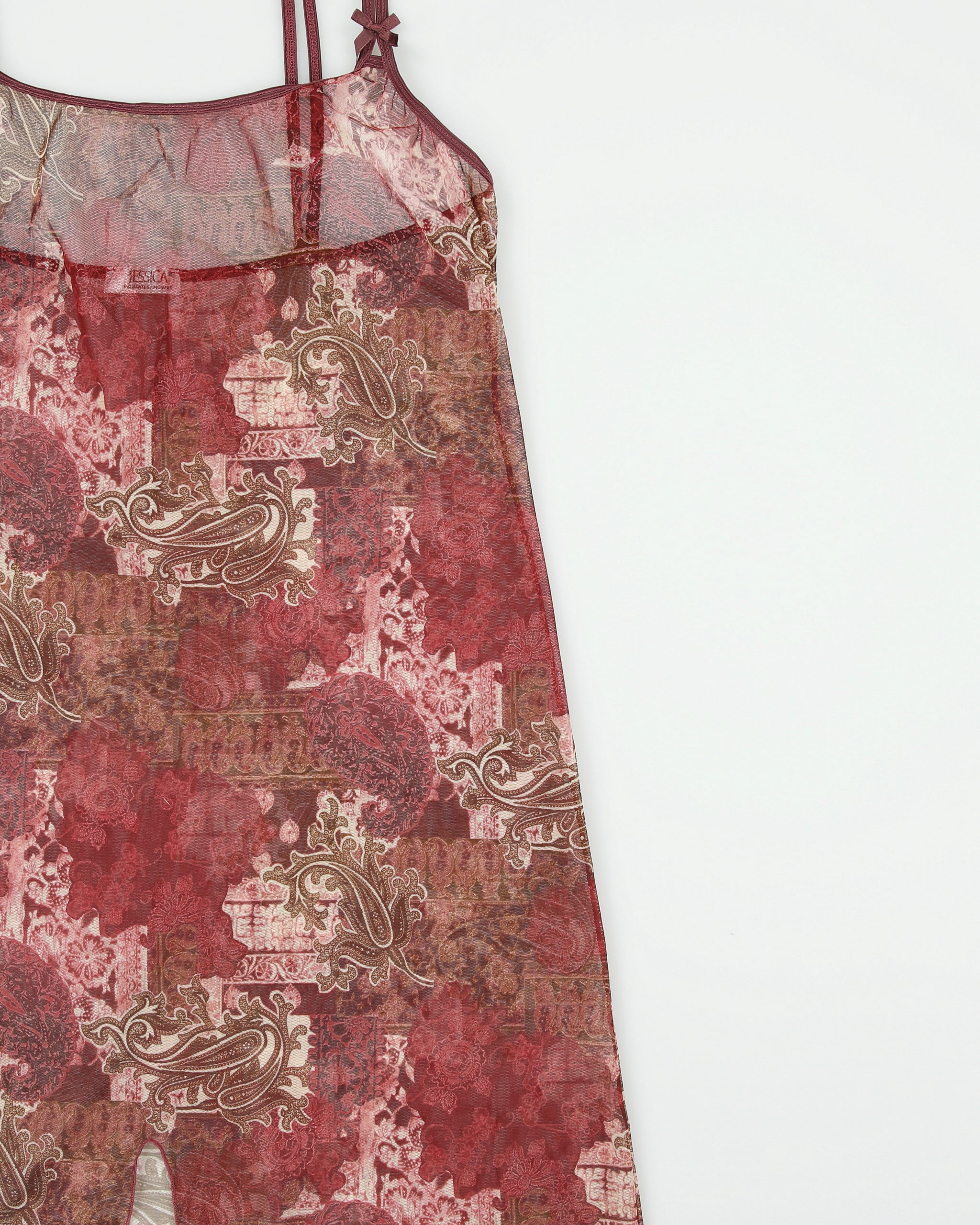 Vintage Y2K 00s Jessica Paisley Pattern Lettuce Hem Front Split Mesh Slip Dress - M