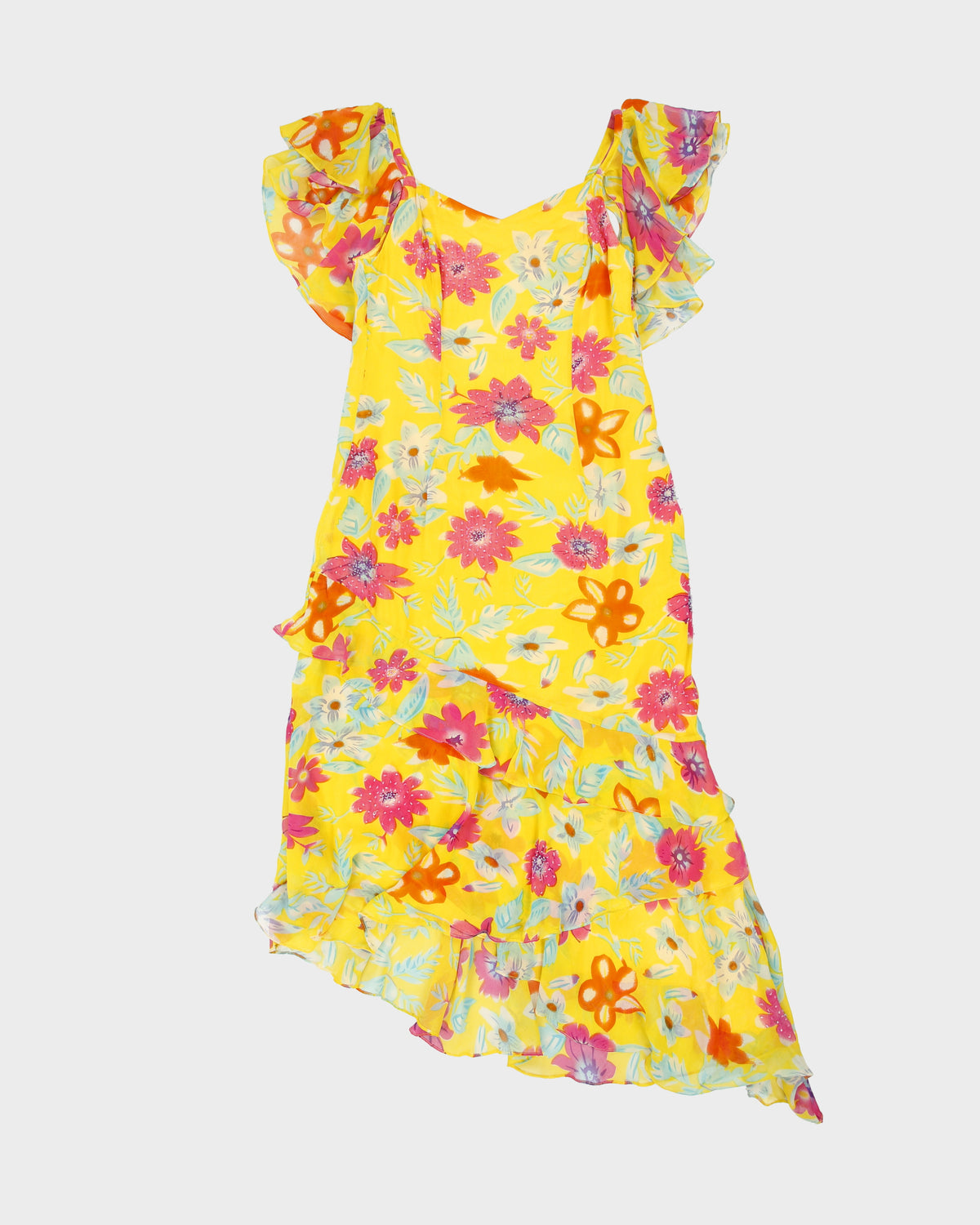 Vintage 1990s Floral Ruffle Beaded Asymmetric Hem Dress - S