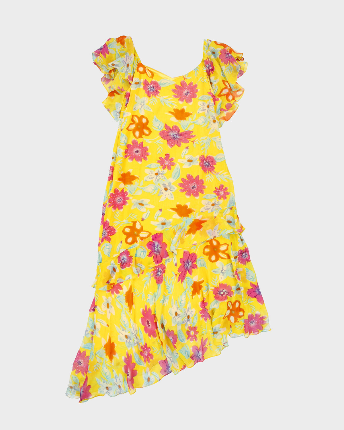 Vintage 1990s Floral Ruffle Beaded Asymmetric Hem Dress - S