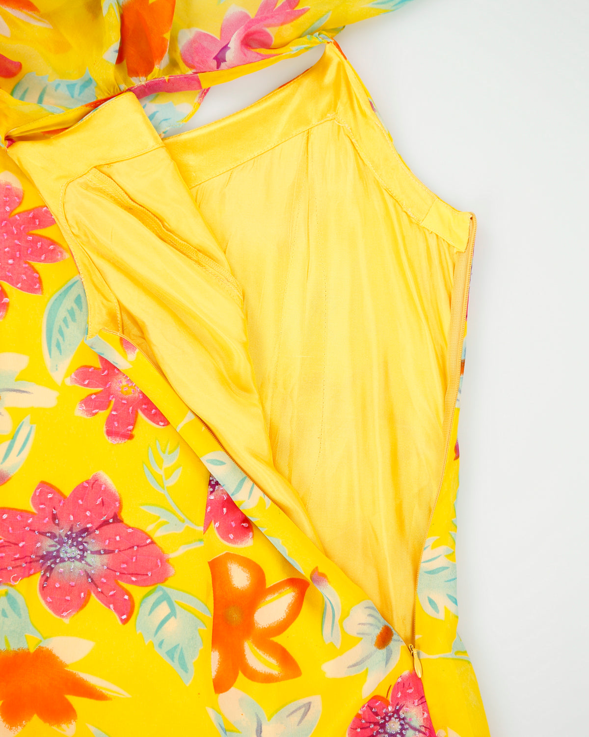 Vintage 1990s Floral Ruffle Beaded Asymmetric Hem Dress - S