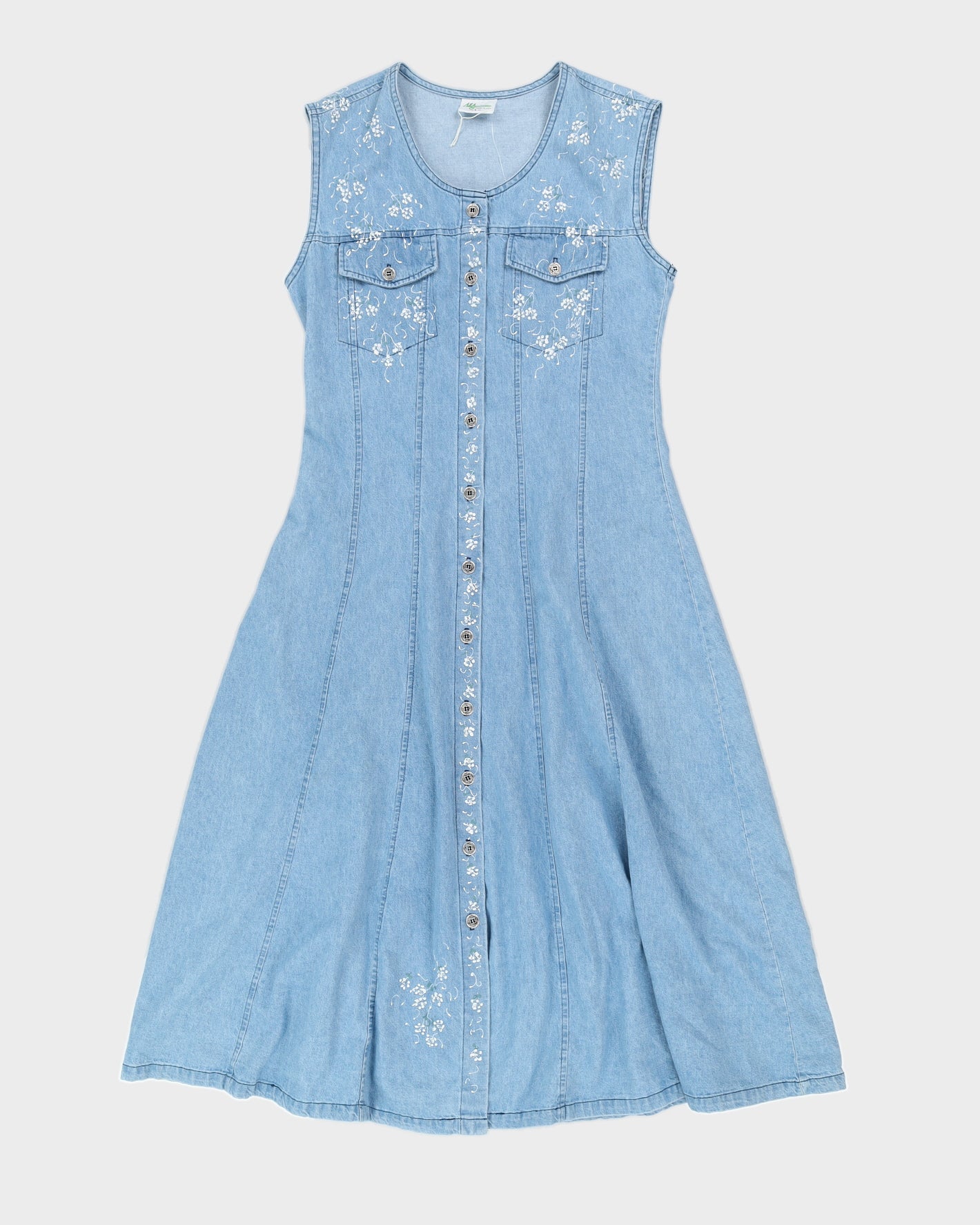 Vintage 90s A1A Sportswear Denim Dress With Hand Painted Flowers - L