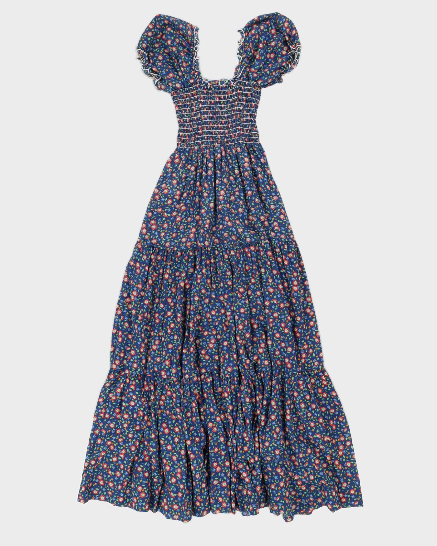 Vintage 80s Lounge About Shirred Floral Cotton Dress - XS