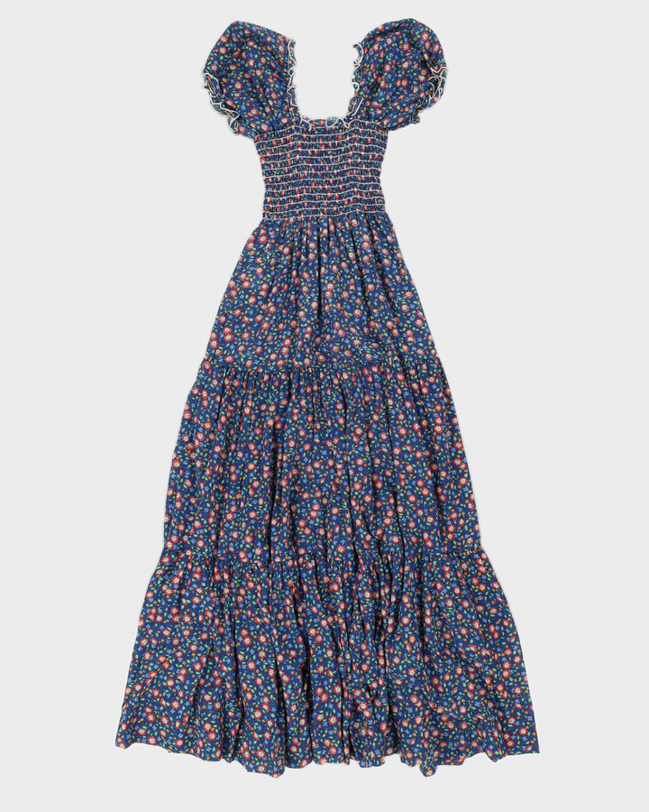 Vintage 80s Lounge About Shirred Floral Cotton Dress - XS