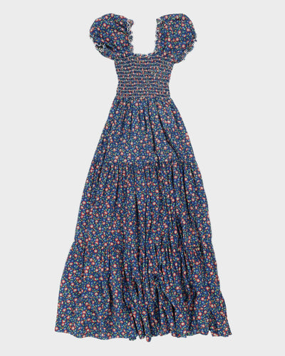 Vintage 80s Lounge About Shirred Floral Cotton Dress - XS