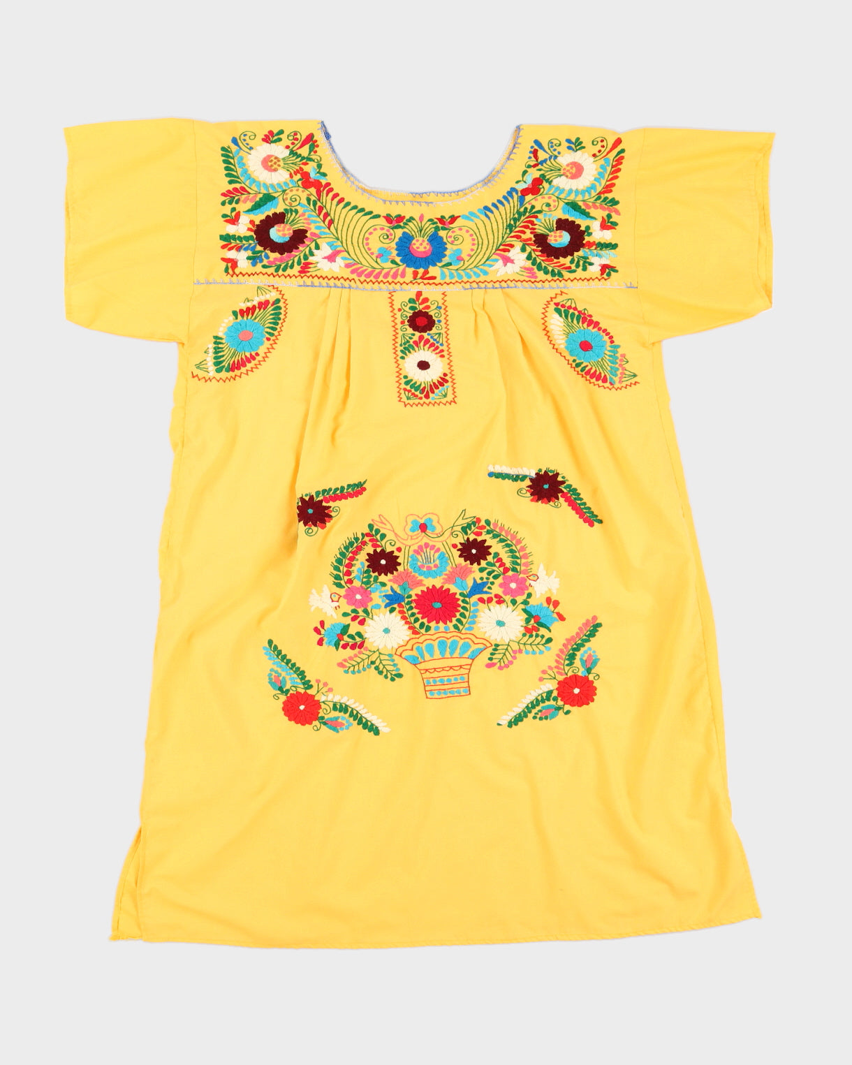 Vintage Yellow Embroidered Smock Midi Dress - L