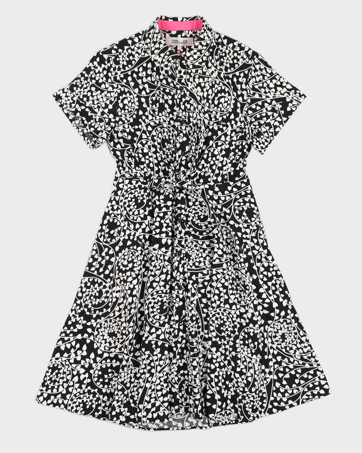 Diane Von Furstenberg Black & White Heart Print Button Down Dress - M