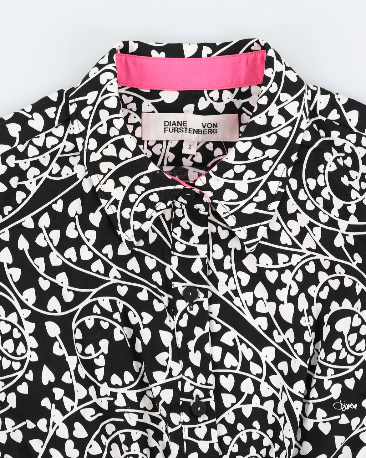 Diane Von Furstenberg Black & White Heart Print Button Down Dress - M