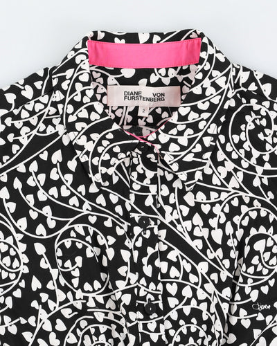 Diane Von Furstenberg Black & White Heart Print Button Down Dress - M