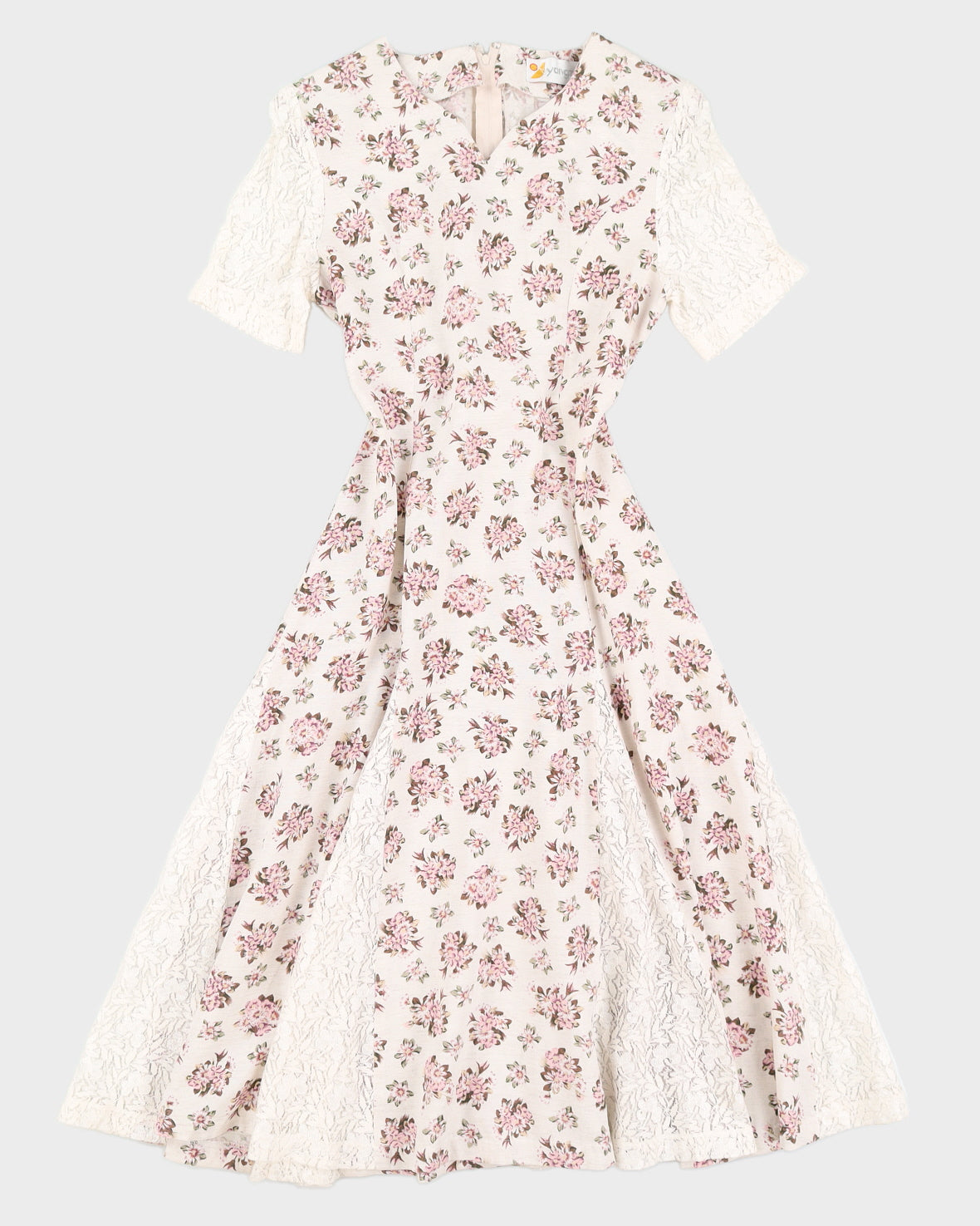 Beige With Pink Floral Pattern Midi Dress - S