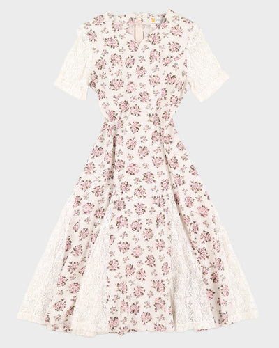 Beige With Pink Floral Pattern Midi Dress - S