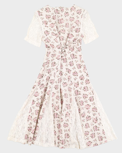 Beige With Pink Floral Pattern Midi Dress - S