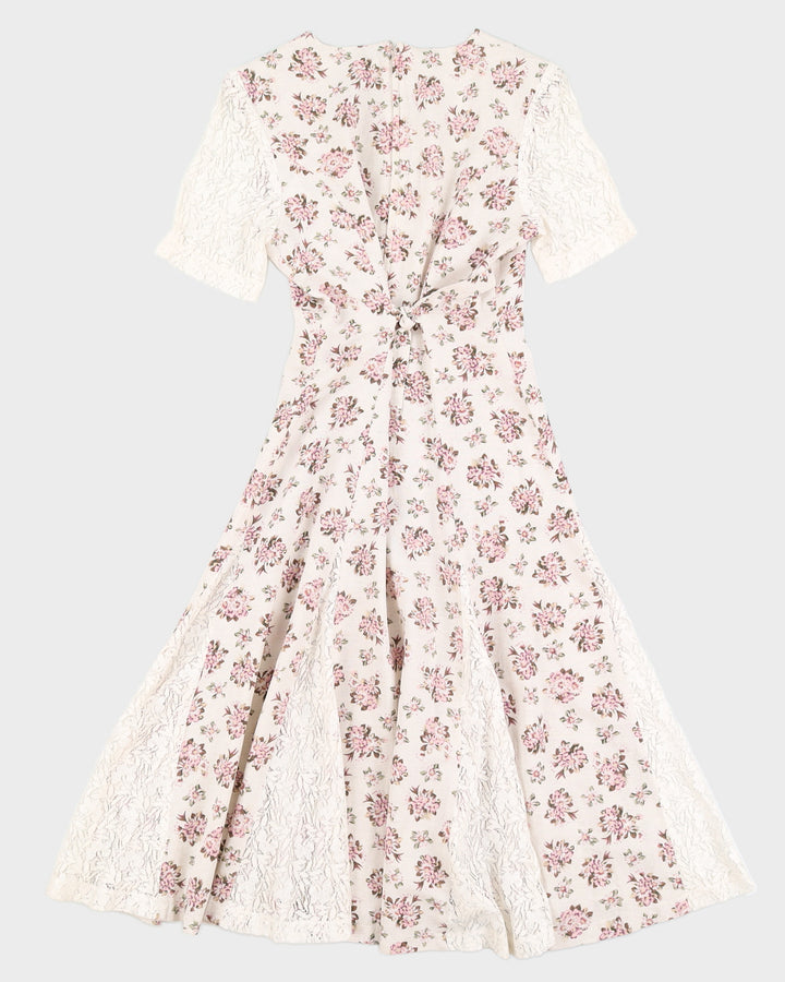 Beige With Pink Floral Pattern Midi Dress - S