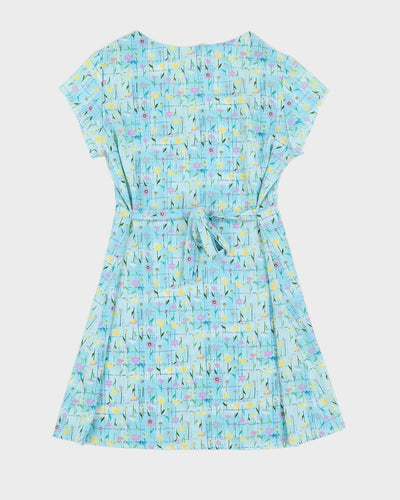1990s Blue Floral Dress - M