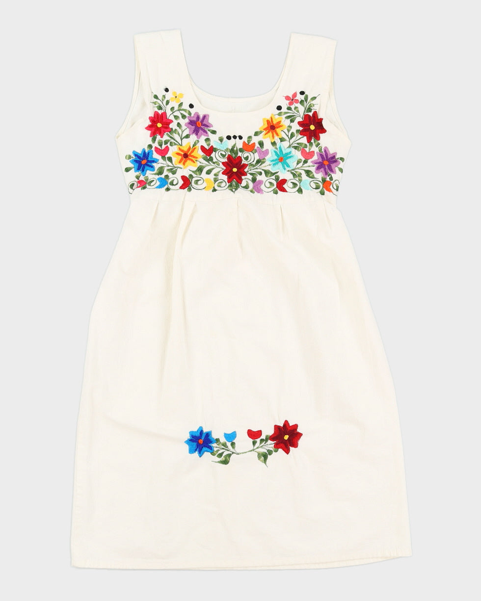 Vintage Floral Embroidered White Summer Dress - XS