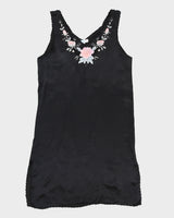 Vintage Silk Black Floral Slip Dress - M