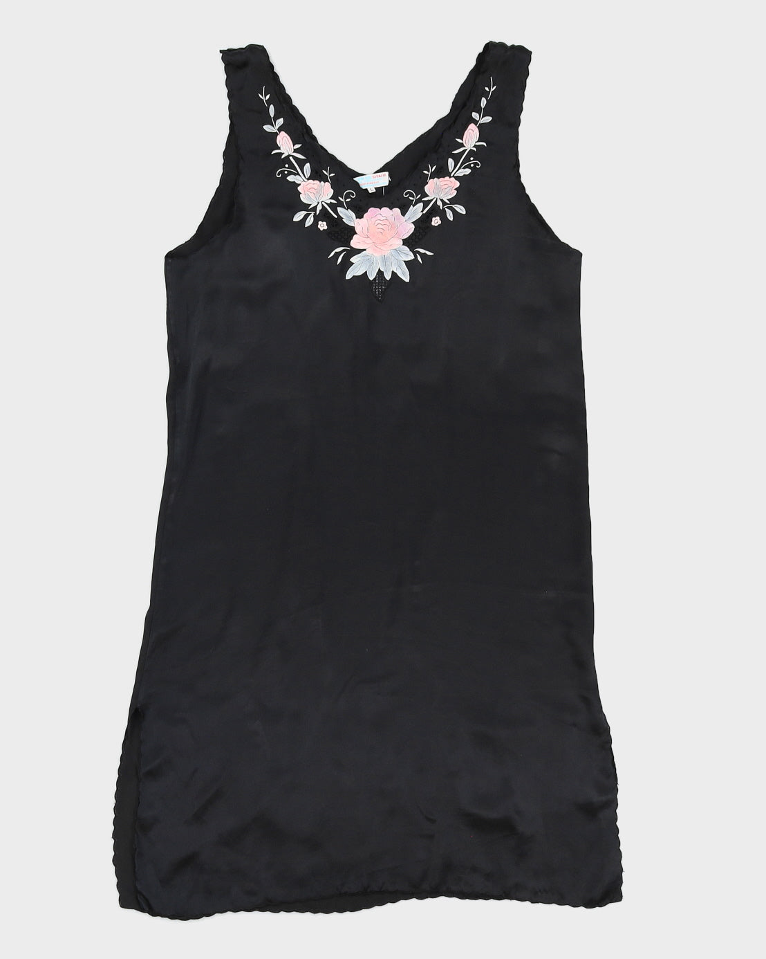 Vintage Silk Black Floral Slip Dress - M