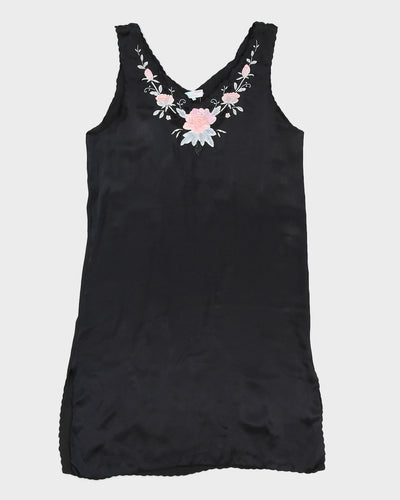 Vintage Silk Black Floral Slip Dress - M