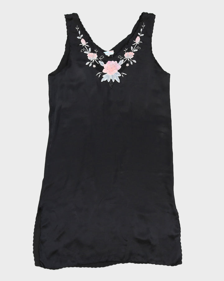 Vintage Silk Black Floral Slip Dress - M