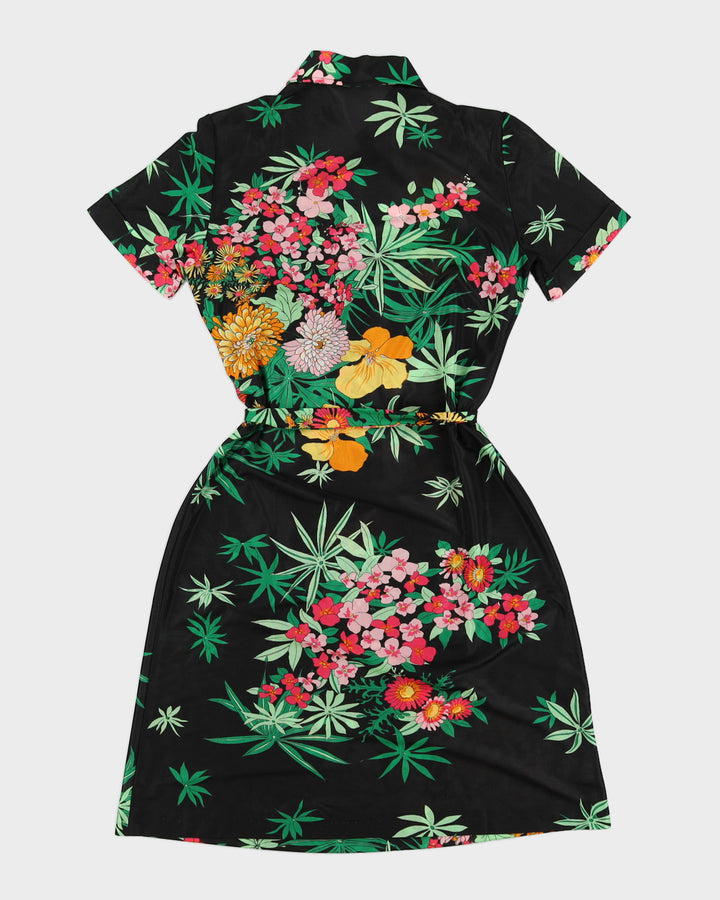 Vintage 70s Premiere Black Floral Button Down Dress With Belt - M