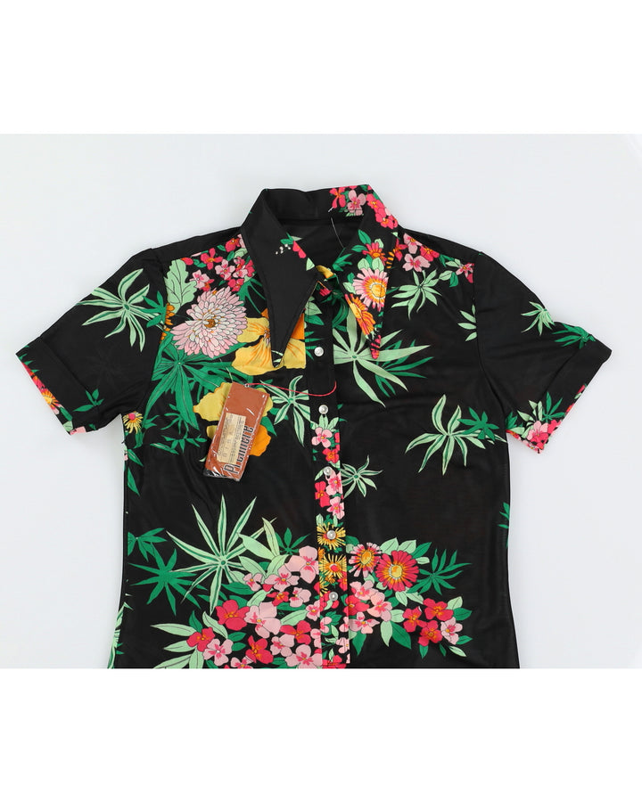 Vintage 70s Premiere Black Floral Button Down Dress With Belt - M
