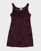 Vintage 90s Heart Soul Purple Tie Front Floral Mini Dress - L