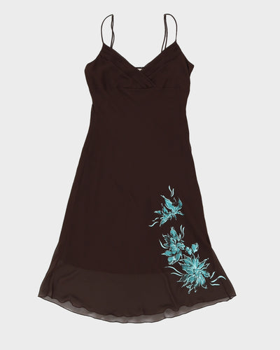 Vintage 00s RW & Co Brown Midi Dress With Blue Floral Detail - S/M