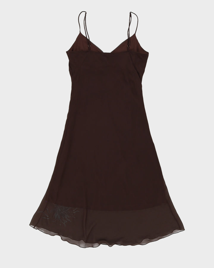 Vintage 00s RW & Co Brown Midi Dress With Blue Floral Detail - S/M