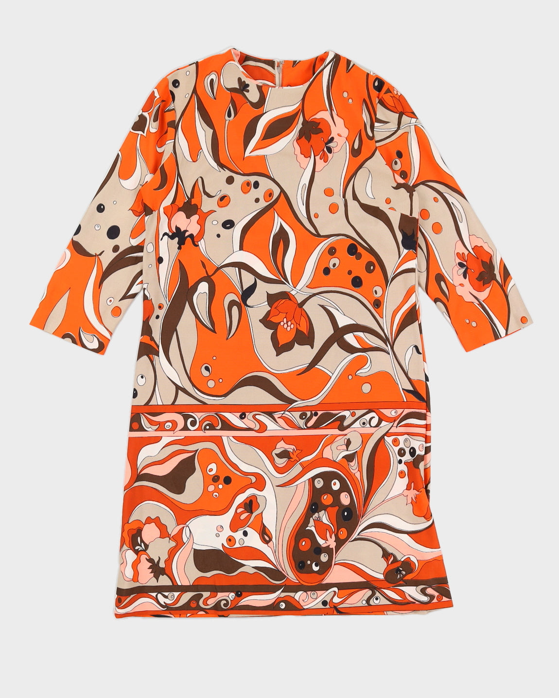 Vintage 70s Orange & Brown Floral Long Sleeve Dress - L
