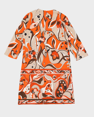Vintage 70s Orange & Brown Floral Long Sleeve Dress - L