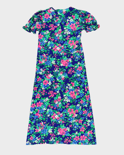 Vintage 1970s Blue Floral Dress - XXS
