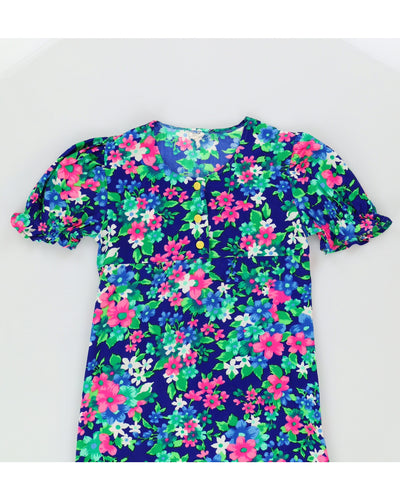 Vintage 1970s Blue Floral Dress - XXS