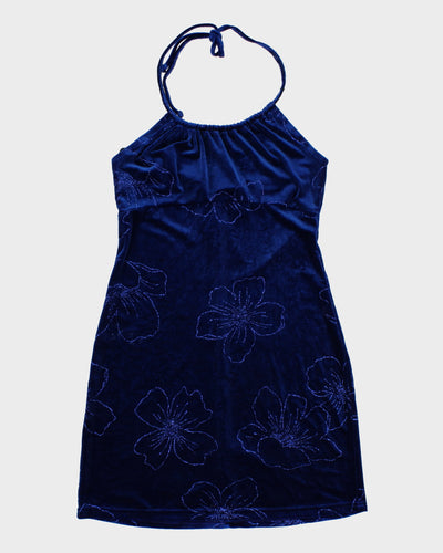 Y2K 00s Aqua Blues Blue Velvet Halterneck Mini Dresss - M