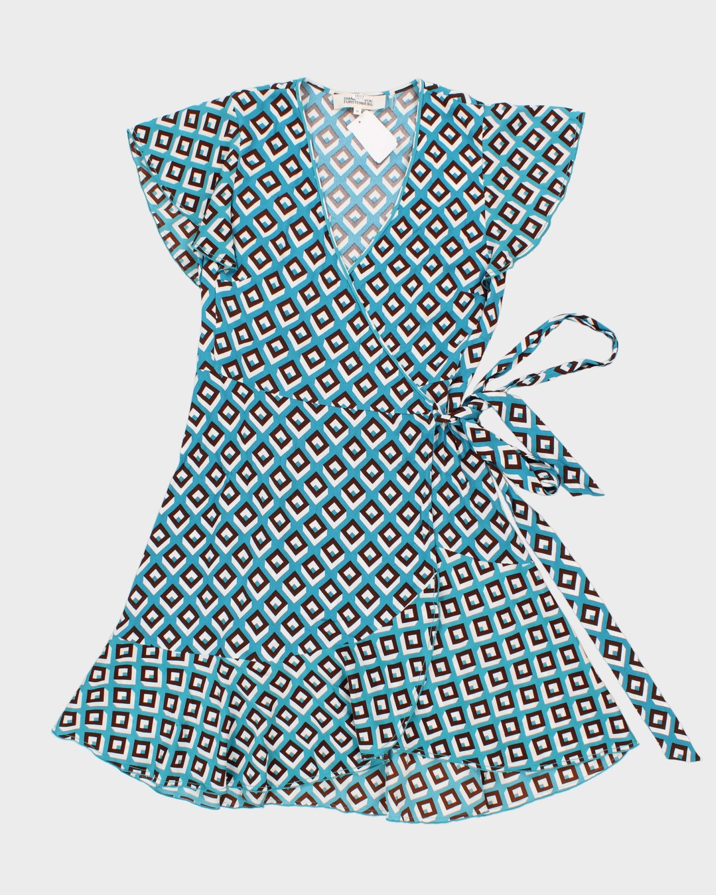 Diane Von Furstenberg Blue & Brown Geometric Print Wrap Dress - M