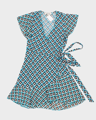 Diane Von Furstenberg Blue & Brown Geometric Print Wrap Dress - M