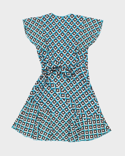 Diane Von Furstenberg Blue & Brown Geometric Print Wrap Dress - M