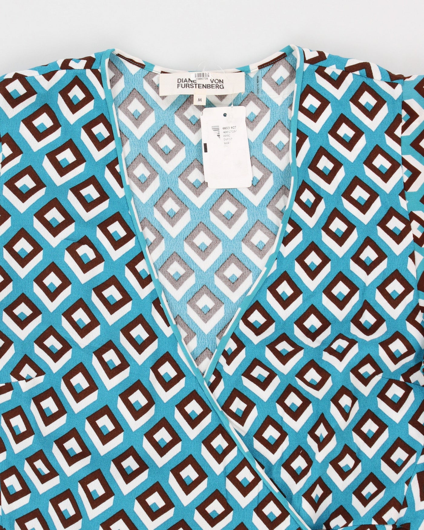 Diane Von Furstenberg Blue & Brown Geometric Print Wrap Dress - M