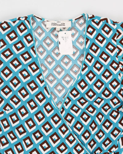 Diane Von Furstenberg Blue & Brown Geometric Print Wrap Dress - M
