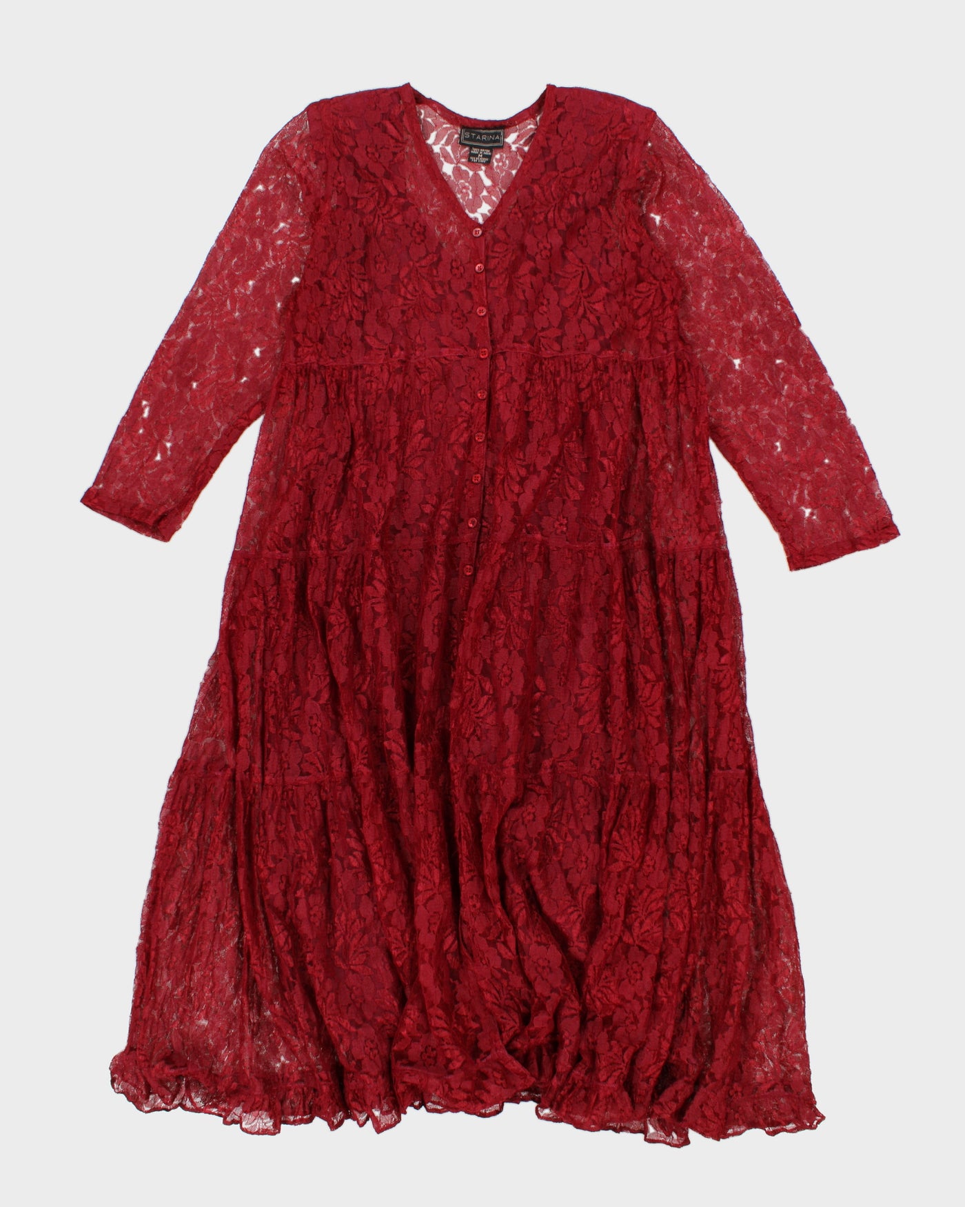 Vintage 90s Starina Red Floral Lace Button-Up Dress - L