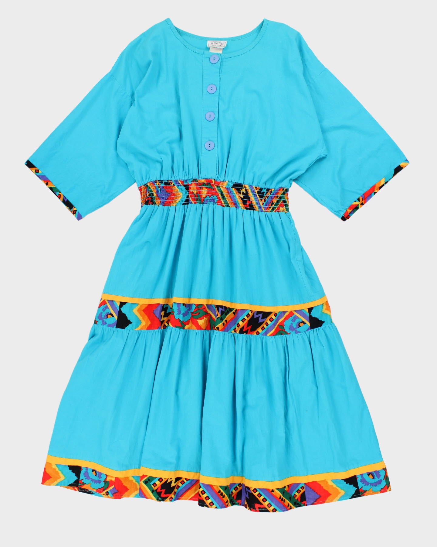 Vintage 80s Appel Blue Tiered Quarter Button Dress - L