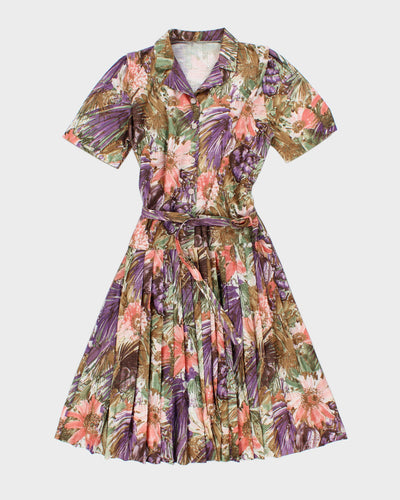 Vintage Handmade Floral Pleated Button-Up Dress - L