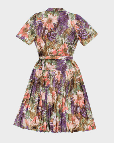 Vintage Handmade Floral Pleated Button-Up Dress - L